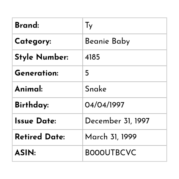 🎁FREE WITH PURCHAS NWT TY Beanie Baby,Snake:Hissy 1997 - Picture 7 of 8